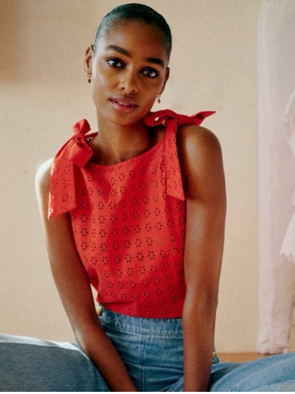 SEZANE SZ 36 US 4/6 Red Poppy Eyelet Gustavia Blouse Exc Cond